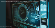 Cyber-themed computer screen displaying complex data and futuristic graphics, symbolizing hacking activity. Text overlay reads 'Chinese Hackers Salt Typhoon Breach 8 US Telecom Companies' with the URL 'https://thereviewhive.blog/' at the bottom