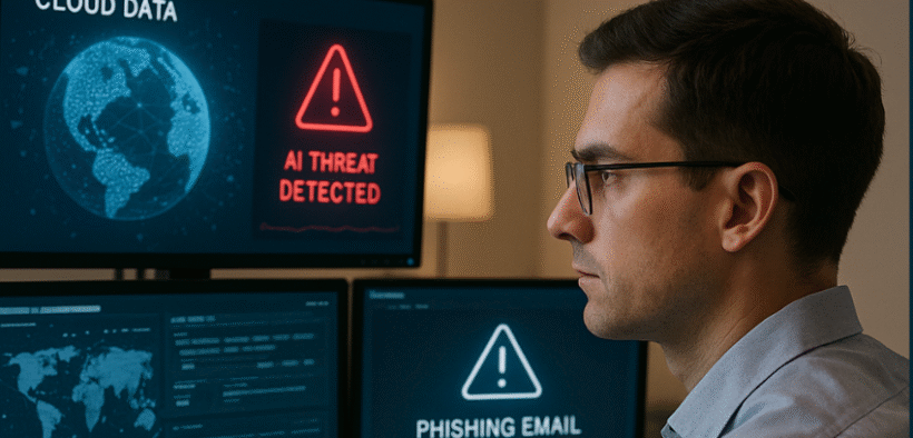 A male cybersecurity analyst sits at a desk in a softly lit office, focused on four computer monitors displaying cloud data, AI threat alerts, and phishing email detection warnings. He wears glasses and a light blue shirt, with the glowing screens casting a subtle light on his face. The workspace is minimal and distraction-free.
