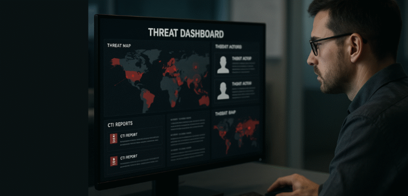 Cyber threat intelligence dashboard showing threat indicators, attacker profiles, and real-time security insights.