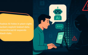 Shadow AI cyber risks illustration showing hidden employee AI use exposing data to hackers.