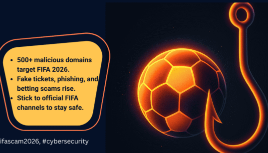 Glowing football morphing into a phishing hook, symbolizing FIFA World Cup 2026 scams targeting fans and businesses.