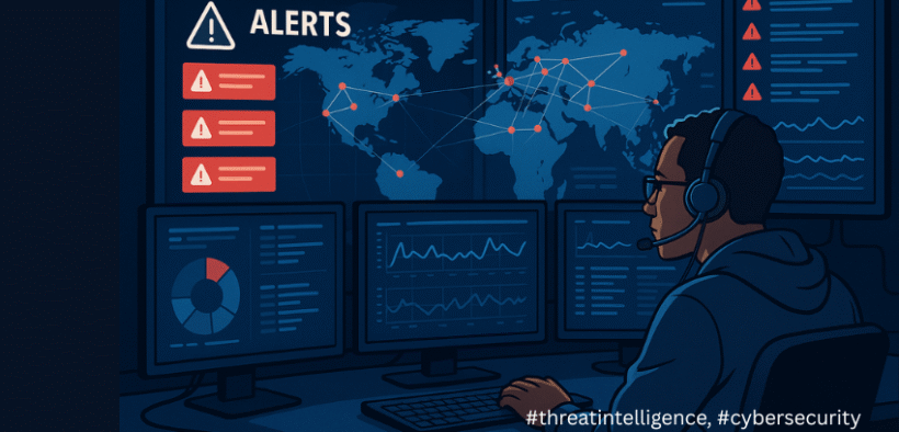 Cyber analyst monitoring threat intelligence dashboard.