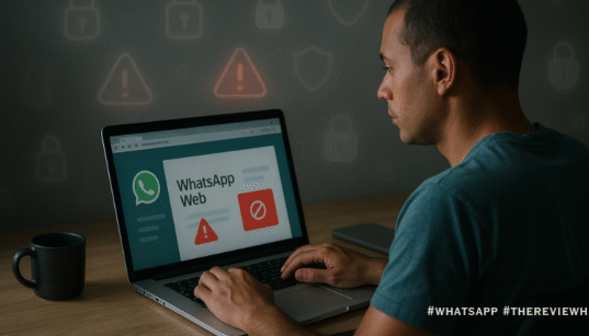 Person using WhatsApp Web while red warning icons indicate malicious Chrome extensions.