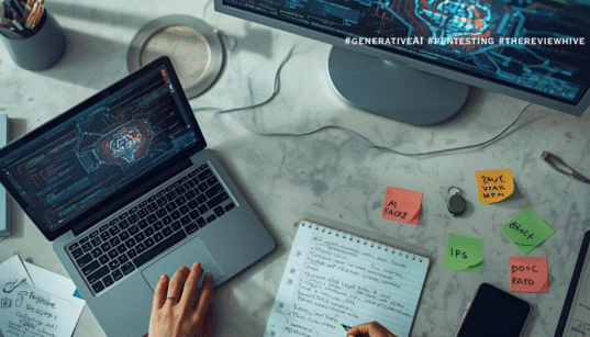 A cybersecurity tester reviewing safe AI-generated commands in a controlled environment, showing the importance of Generative AI safety in pentesting.