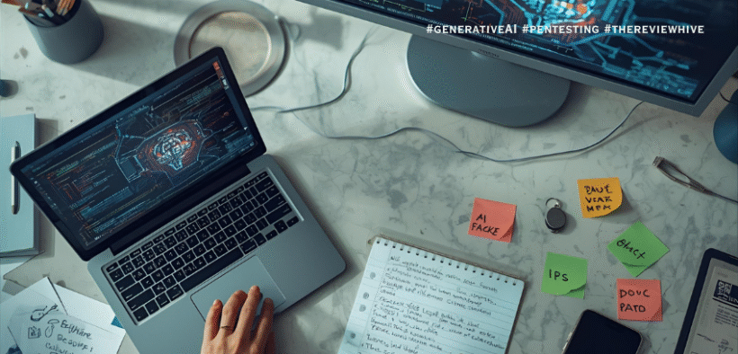 A cybersecurity tester reviewing safe AI-generated commands in a controlled environment, showing the importance of Generative AI safety in pentesting.
