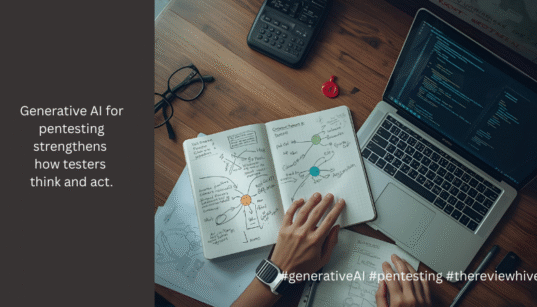 A cybersecurity researcher reviewing AI-generated pentesting commands and vulnerability results on a laptop, showing the practical advantages of Generative AI for pentesting.