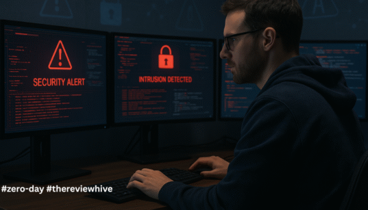 A cybersecurity analyst sitting at a desk with multiple monitors showing red security alerts and code logs, illustrating the top zero day vulnerabilities 2025 in a real-world security operations setup.