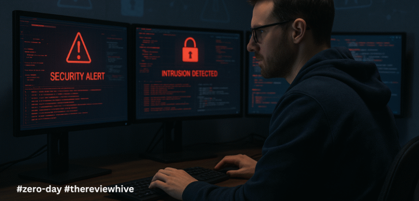A cybersecurity analyst sitting at a desk with multiple monitors showing red security alerts and code logs, illustrating the top zero day vulnerabilities 2025 in a real-world security operations setup.