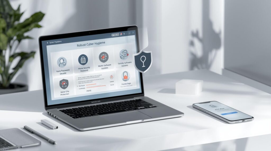 Cyber hygiene practices such as strong passwords, updates, and MFA