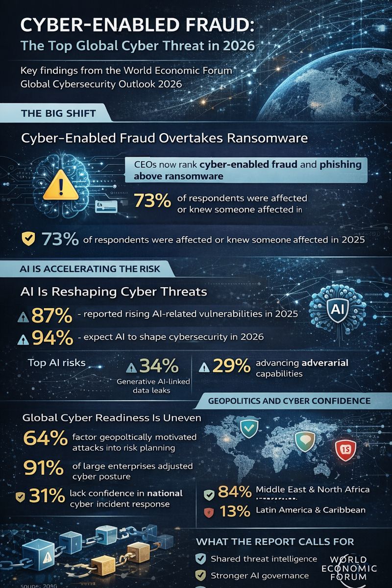 Infographic summarizing World Economic Forum 2026 findings on cyber-enabled fraud, AI-driven cyber risks, geopolitical threats, supply chain vulnerabilities, and global cyber resilience gaps