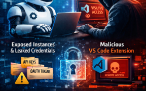Cybersecurity illustration showing Moltbot AI agent facing security risks, including exposed instances, leaked API keys, and a malicious VS Code extension, with visuals highlighting AI agent protection and monitoring.
