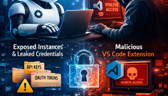 Cybersecurity illustration showing Moltbot AI agent facing security risks, including exposed instances, leaked API keys, and a malicious VS Code extension, with visuals highlighting AI agent protection and monitoring.