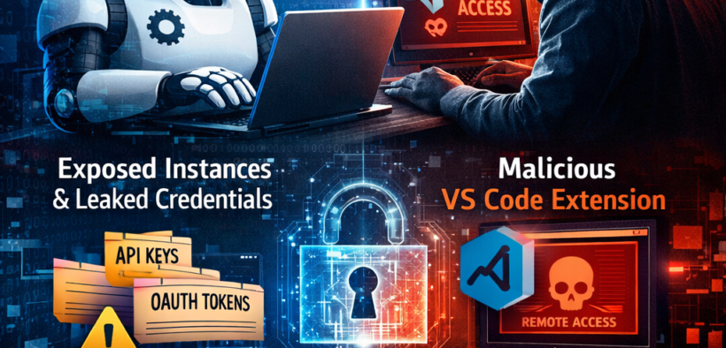 Cybersecurity illustration showing Moltbot AI agent facing security risks, including exposed instances, leaked API keys, and a malicious VS Code extension, with visuals highlighting AI agent protection and monitoring.