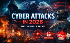 Illustration showing global cyber attacks in 2026, with visuals of ransomware alerts, hackers, critical infrastructure disruption, and digital threat indicators.