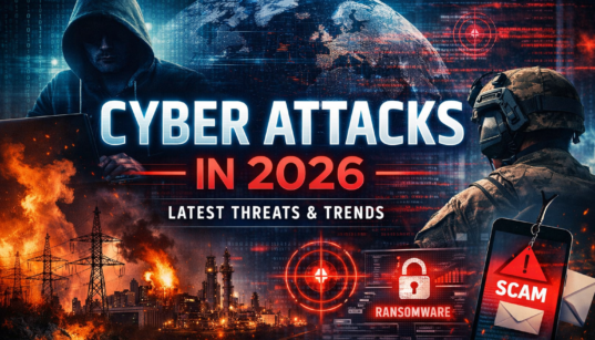 Illustration showing global cyber attacks in 2026, with visuals of ransomware alerts, hackers, critical infrastructure disruption, and digital threat indicators.