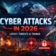 Illustration showing global cyber attacks in 2026, with visuals of ransomware alerts, hackers, critical infrastructure disruption, and digital threat indicators.