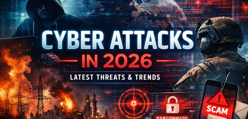 Illustration showing global cyber attacks in 2026, with visuals of ransomware alerts, hackers, critical infrastructure disruption, and digital threat indicators.