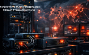Realistic telecom data center showing edge network devices and routers under a cyber threat scenario, with warning lights and global connectivity visuals in the background