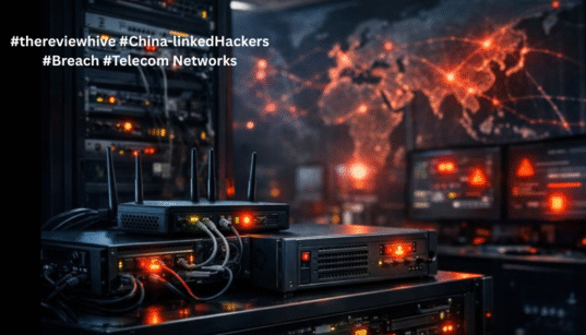 Realistic telecom data center showing edge network devices and routers under a cyber threat scenario, with warning lights and global connectivity visuals in the background