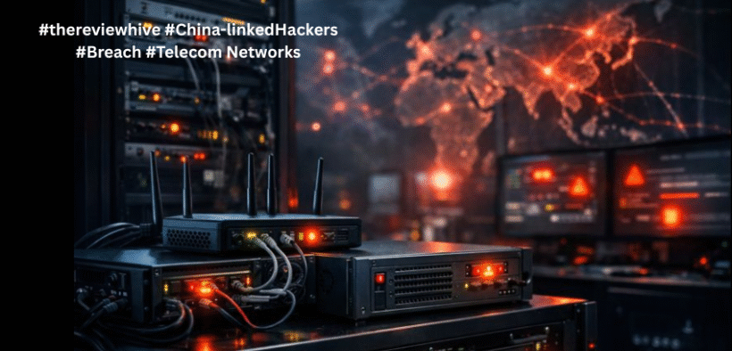 Realistic telecom data center showing edge network devices and routers under a cyber threat scenario, with warning lights and global connectivity visuals in the background