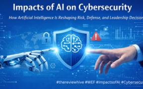 Illustration showing a human hand and a robotic hand reaching toward a digital shield with an AI brain icon, representing the impact of artificial intelligence on cybersecurity risk, defense, and decision-making.