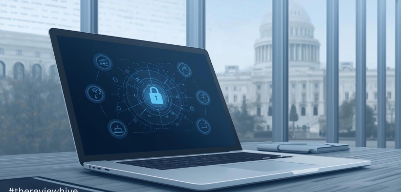 US government cybersecurity office illustration showing sensitive documents and generative AI use, highlighting risks of uploading confidential data to AI tools.