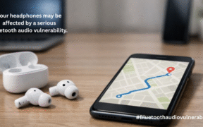 Wireless Bluetooth earbuds on a table next to a smartphone showing a map route, with another device in the background to suggest tracking through a Bluetooth audio vulnerability.