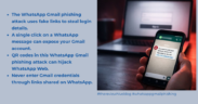 Smartphone displaying a suspicious WhatsApp message with a phishing link next to a laptop showing a fake Gmail login page, representing a WhatsApp Gmail phishing attack.