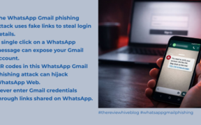 Smartphone displaying a suspicious WhatsApp message with a phishing link next to a laptop showing a fake Gmail login page, representing a WhatsApp Gmail phishing attack.