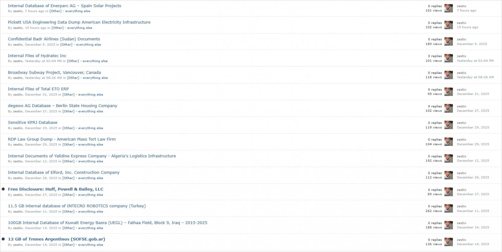 Sample of Zestix's offerings on underground forums
