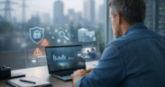 Small business owner reviewing cyber insurance for small businesses in 2026 on a laptop with a transparent cyber risk dashboard in a modern office setting.