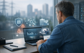 Small business owner reviewing cyber insurance for small businesses in 2026 on a laptop with a transparent cyber risk dashboard in a modern office setting.