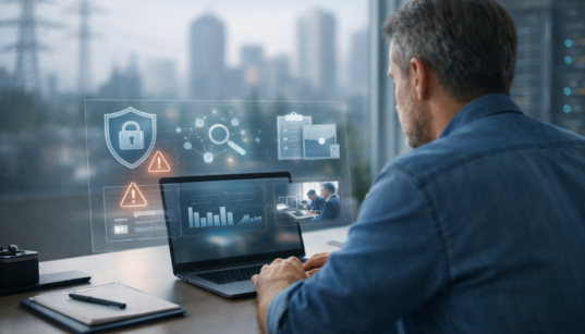 Small business owner reviewing cyber insurance for small businesses in 2026 on a laptop with a transparent cyber risk dashboard in a modern office setting.
