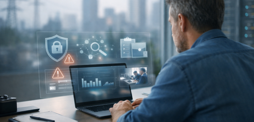 Small business owner reviewing cyber insurance for small businesses in 2026 on a laptop with a transparent cyber risk dashboard in a modern office setting.