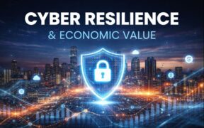 Futuristic city with cybersecurity graphics