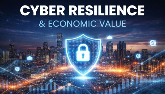 Futuristic city with cybersecurity graphics