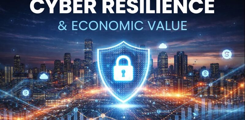 Futuristic city with cybersecurity graphics