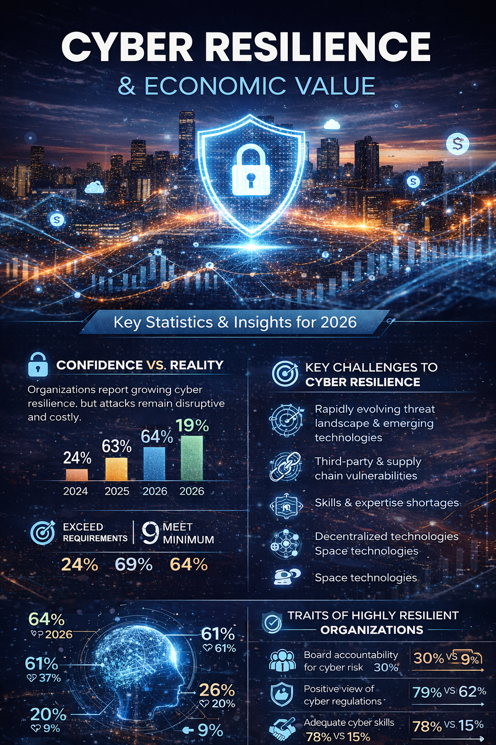 Infographic showing key cyber resilience statistics for 2026, including organizational readiness levels, top cybersecurity challenges, emerging technology risks such as AI and cloud, OT security governance gaps, and traits of highly resilient organizations.