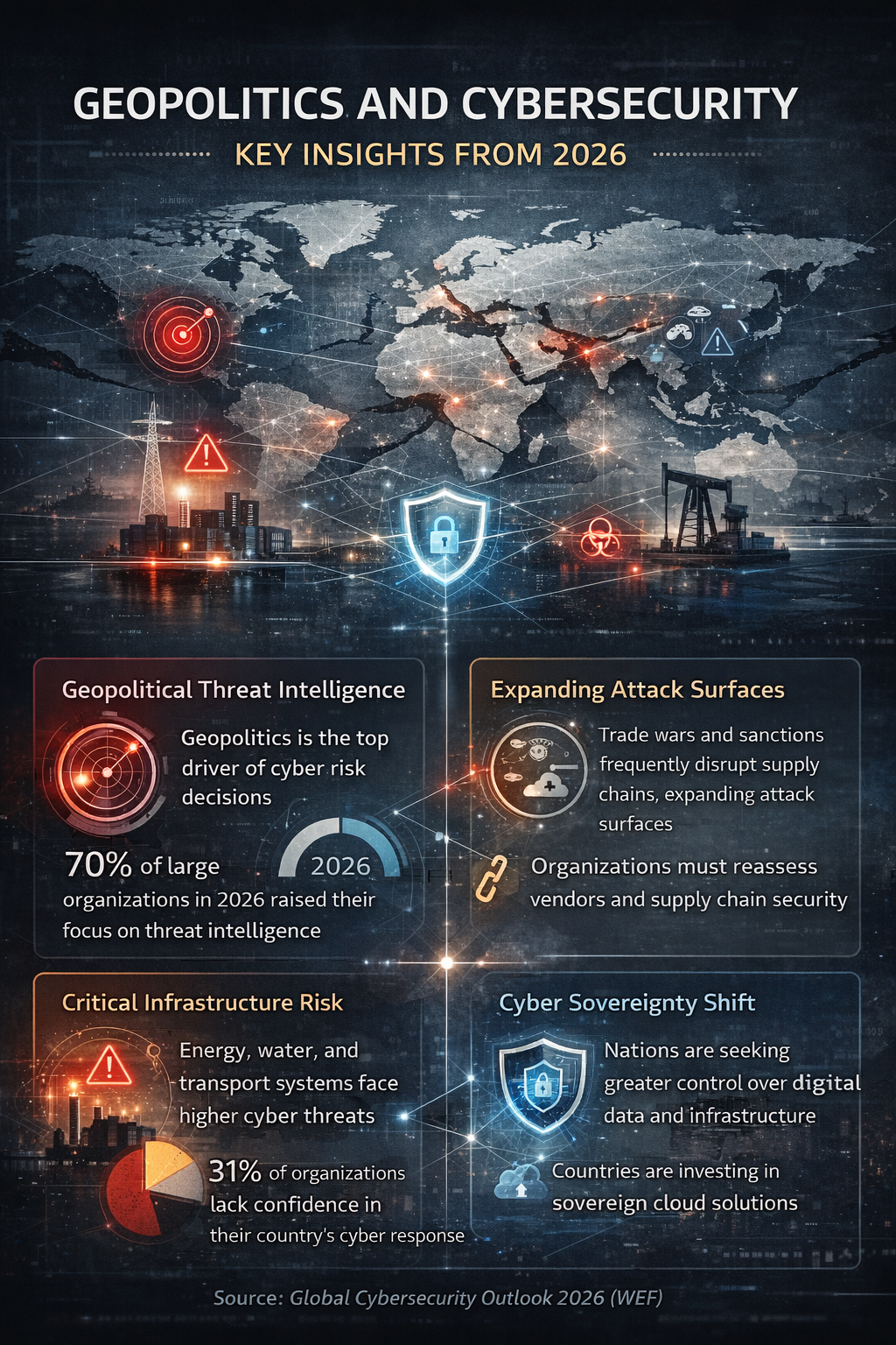 Infographic showing how geopolitics and cybersecurity intersect in 2026, highlighting threat intelligence growth, supply chain risk, critical infrastructure exposure, and cyber sovereignty trends.