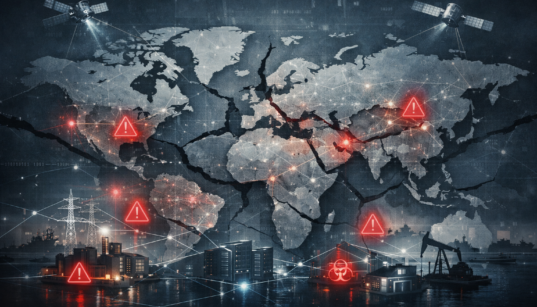 Global cybersecurity risk shown on a fractured world map with digital connections, data flows, and critical infrastructure nodes.