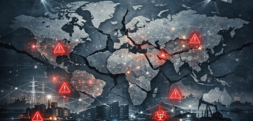Global cybersecurity risk shown on a fractured world map with digital connections, data flows, and critical infrastructure nodes.