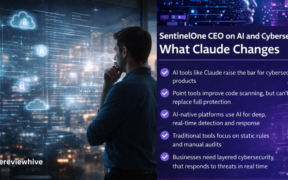 Editorial-style image of a cybersecurity analyst reviewing AI-driven threat patterns on a transparent digital interface in a modern office setting.