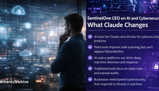 Editorial-style image of a cybersecurity analyst reviewing AI-driven threat patterns on a transparent digital interface in a modern office setting.