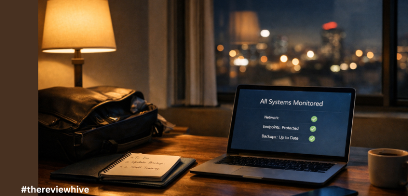 Quiet office workspace with a laptop showing system monitoring status, symbolizing ongoing cybersecurity vigilance for small businesses.