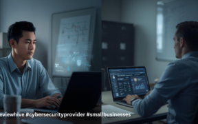 Small business owners reviewing cybersecurity monitoring dashboard on laptop in office environment