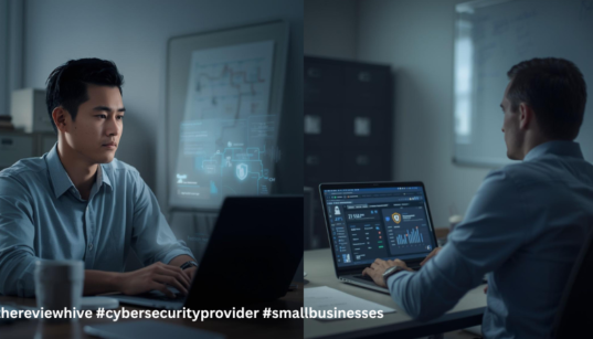 Small business owners reviewing cybersecurity monitoring dashboard on laptop in office environment