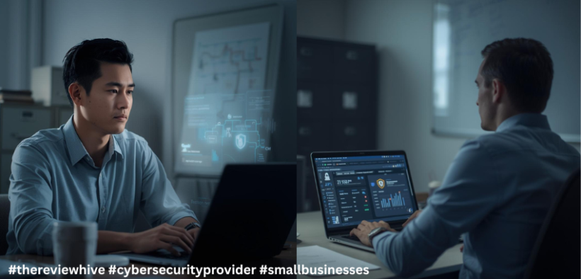 Small business owners reviewing cybersecurity monitoring dashboard on laptop in office environment