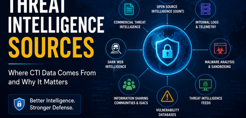 Threat intelligence sources infographic with OSINT, dark web monitoring, malware analysis, and internal telemetry.