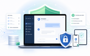 ChatGPT privacy and AI data protection concept with laptop, lock, and shield icons.