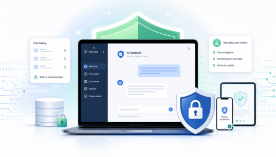 ChatGPT privacy and AI data protection concept with laptop, lock, and shield icons.